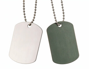 A pair of classic military dog tags, one shiny silver and one matte green, symbolizing service and identity.