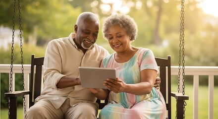 Affectionate Senior Couple Engaging with Technology on a Porch Swing.