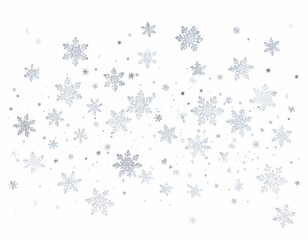 Graceful white snowflakes of varying sizes gently drift across a pristine winter background, evoking a serene festive