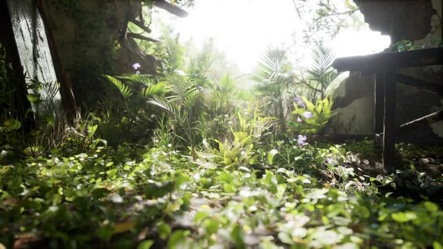 The warm glow of sunlight filters through an abandoned building, casting light on vibrant plants and wildflowers that flourish in the overgrown space, creating a serene atmosphere.