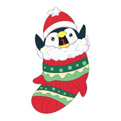 Vector illustration of a cute penguin in a festive Christmas stocking, perfect for greeting cards, posters, decorations, and seasonal gift tags. Great for adding cheerful and magical holiday vibes.