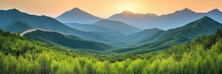 Aerial view of the Great Wall of China stretching across rugged mountains during a stunning sunrise