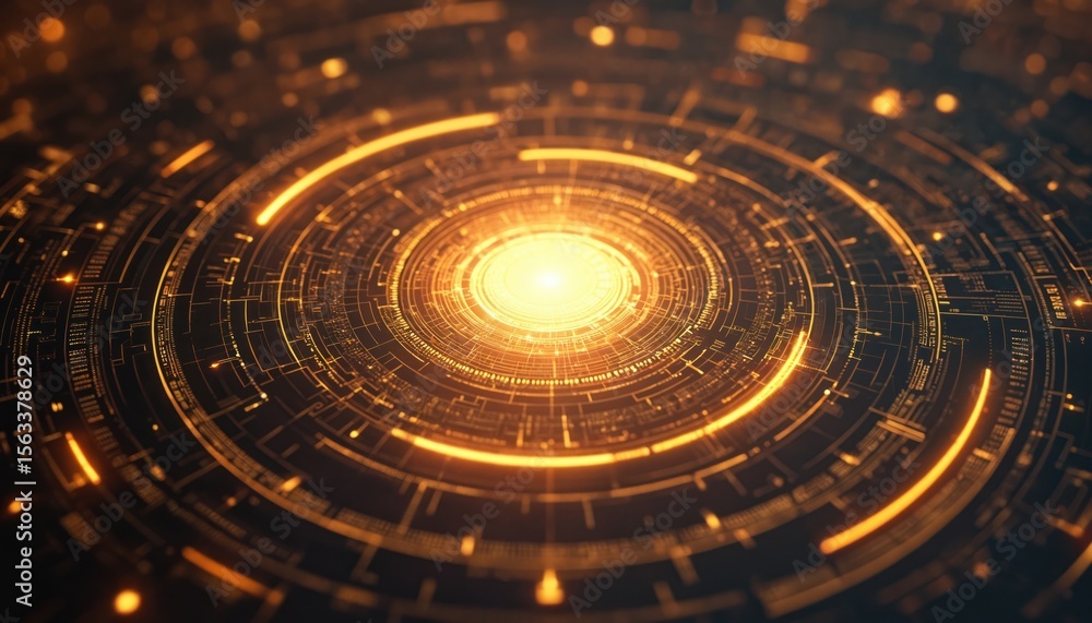 Poster Abstract digital graphic with futuristic design. Bright gold circle in center of composition. Concentric circles, diagrams create impression of high-tech, modern tech. Dynamic effect, conceptual art.