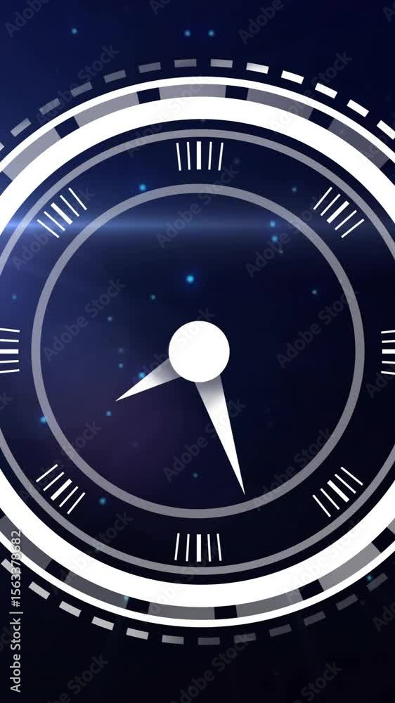 Poster animation of digital clock in loading circles with lens flare moving against black background
