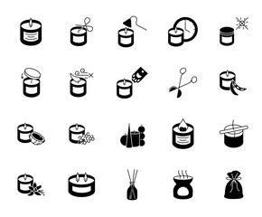 Candles silhouette icons set, signs for candle safety instructions