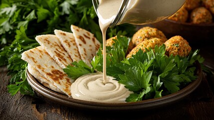 Tahini sauce being poured over a plate of falafel, with fresh parsley and pita bread arranged neatly on the side.