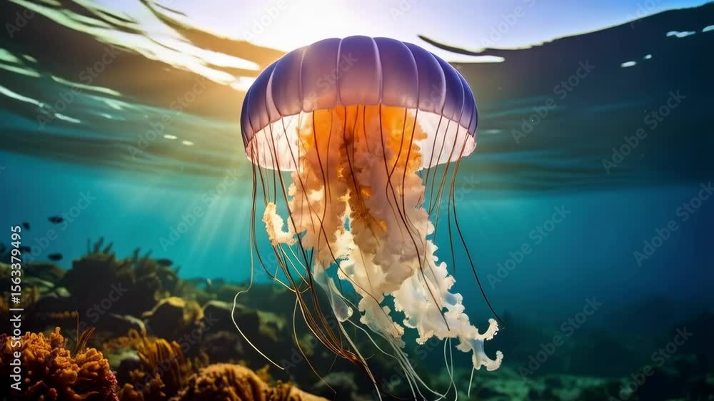 Poster underwater view of a jellyfish with tentacles illuminated by sunlight filtering through the ocean su