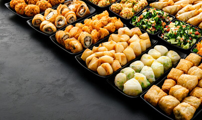 An inviting spread of golden fried and fresh Asian culinary delights arranged for a perfect meal.