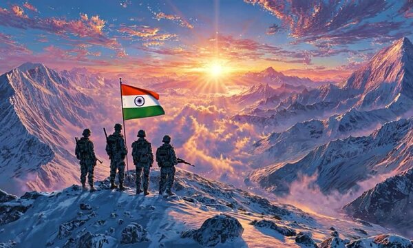 Indian flag for Independence Day of India - Soldiers Celebrating at the Peak of the Mountain