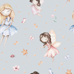 Fairy and Flowers watercolor seamless girls nursery pattern. Cartoon pink magic girl baby background. Faitytale textile art