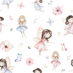 Fairy and Flowers watercolor seamless girls nursery pattern. Cartoon pink magic girl baby background. Faitytale textile art