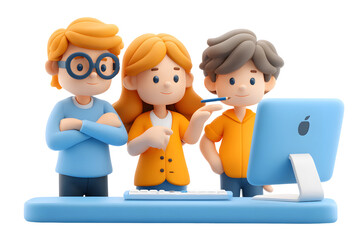 Engaging 3D Render of Cartoon Colleagues Collaborating on a Computer Project
