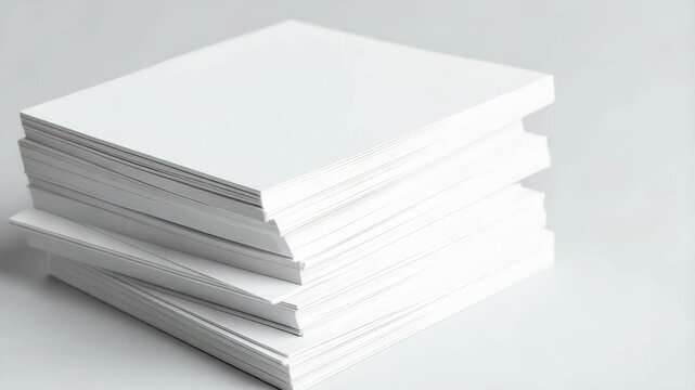 Stack of pristine blank white paper sheets resting on a soft grey surface awaiting print, draft, or document creation.