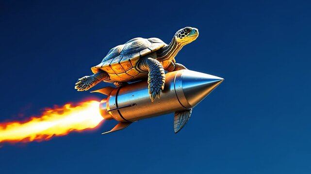 Turtle Riding a Flying Metallic Rocket Through Clear Blue Sky with Bright Fire Trail Behind Engine Nozzle

