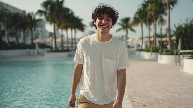 Smiling young man walking by a poolside on a sunny day