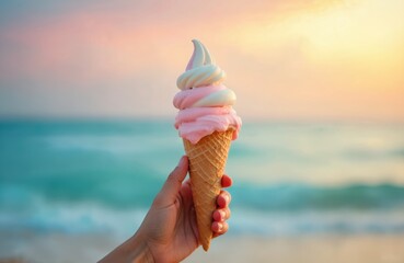 Hand holds melting ice cream cone by the sea. Pastel sky in background. Sweet summer moment great for beach vacation childhood joy. Enjoying ice cream on vacation, fun treats and treats.