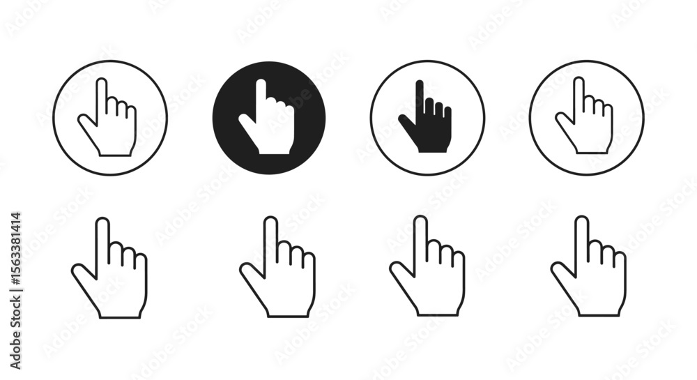 Fototapete Collection of hand pointer cursor icons in circular outline and filled black background variations representing user interface navigation and digital interaction elements