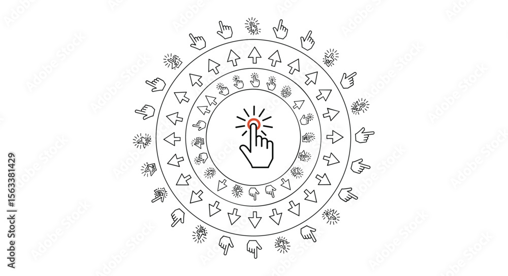 Poster interactive circular arrangement of icons featuring a hand clicking the center element to initiate a