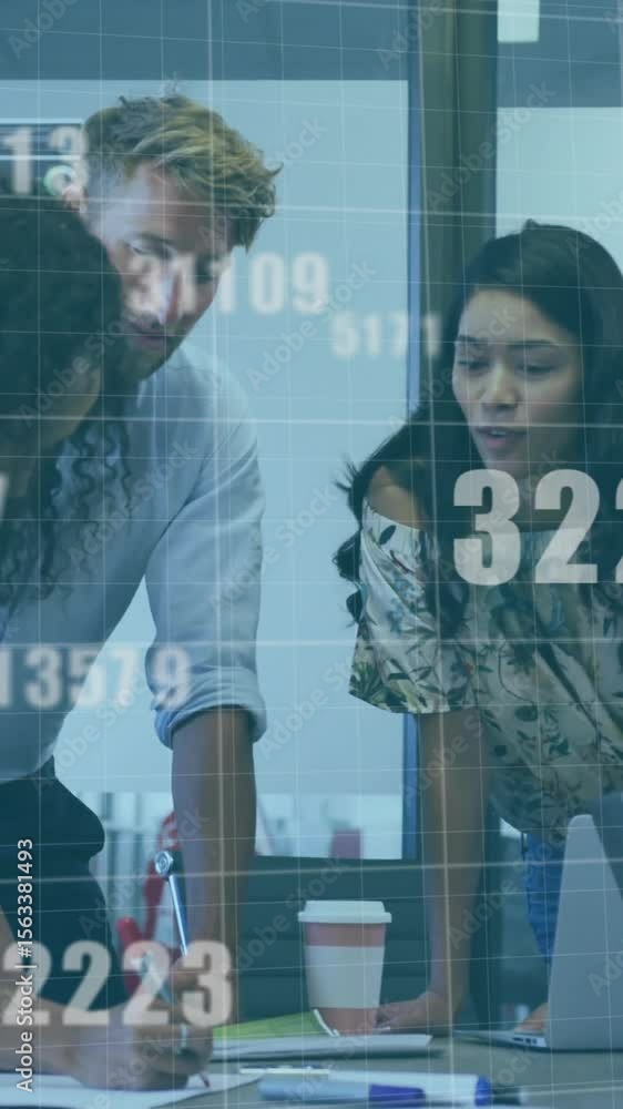 Poster animation of red lines and data processing over diverse business people in office