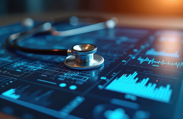Stethoscope placed digital screen displaying heart rate data, medical graphs, tech charts. Modern healthcare, cardiology, diagnostic medicine, innovation, clinical analysis. Futuristic concept for