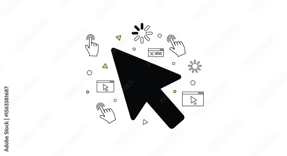 Poster Capturing the essence of digital interaction and user engagement with a cursor pointer on a white background featuring stylized graphics