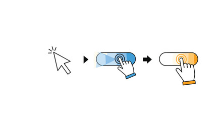 Illustrating user interaction with a digital slider control element showing the activation process through a sequence of visual cues