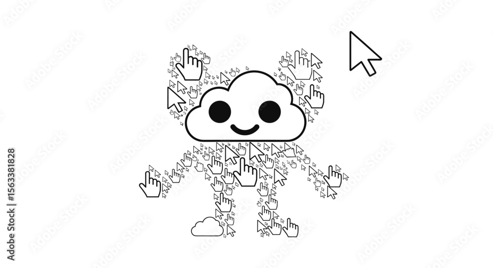 Fototapete a cartoon cloud character with hands and feet made of many small computer mouse cursors and digital 