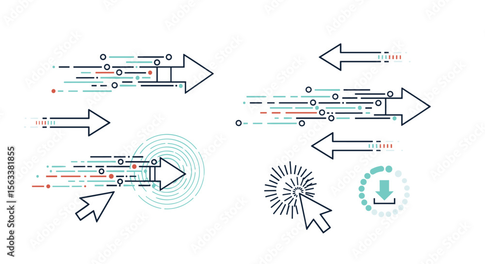 Fototapete Visualizing digital information transfer and user interaction with arrows data streams and click actions for technology concepts