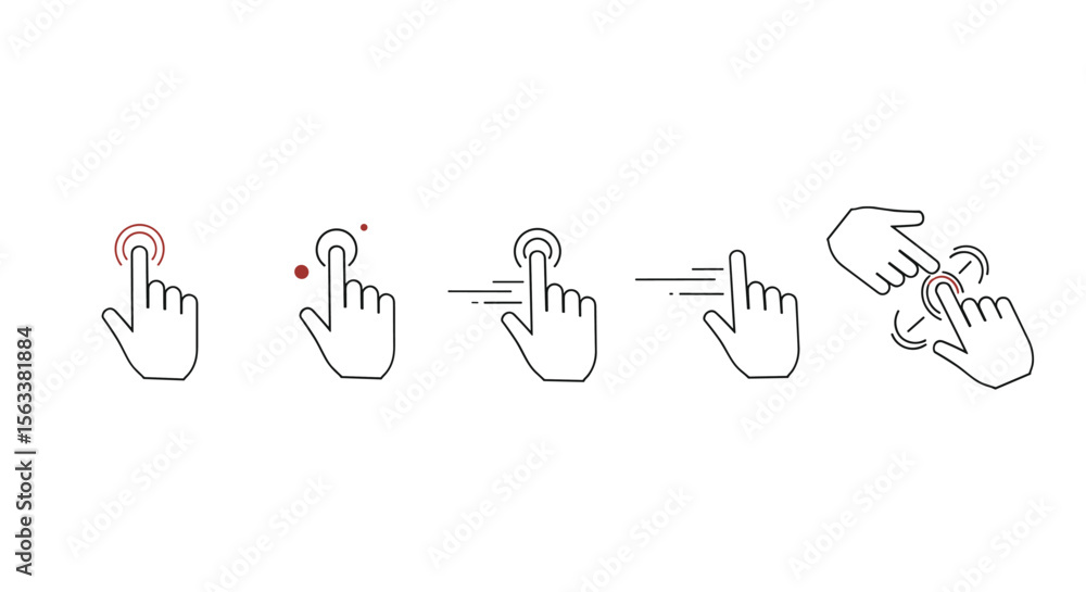Poster collection of hand gestures demonstrating touchscreen navigation and interaction techniques for digi