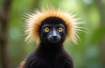 Naklejka premium Portrait diademed sifaka lemur with distinctive blond hair in Madagascar jungle. Exotic primate with orange eyes, furry face. Endemic species in natural rainforest habitat. Biodiversity, fauna.