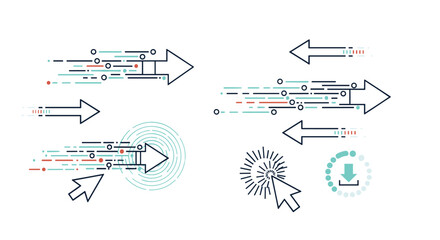 Visualizing digital information transfer and user interaction with arrows data streams and click actions for technology concepts