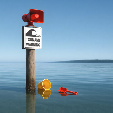 Tsunami Warning Siren on Weathered Post in Shallow Water, Abandoned Beach Toys, Calm Ocean, Distant Dark Swell, Emergency Alert, Coastal Danger, Haunting Contrast, Unsettling Scene