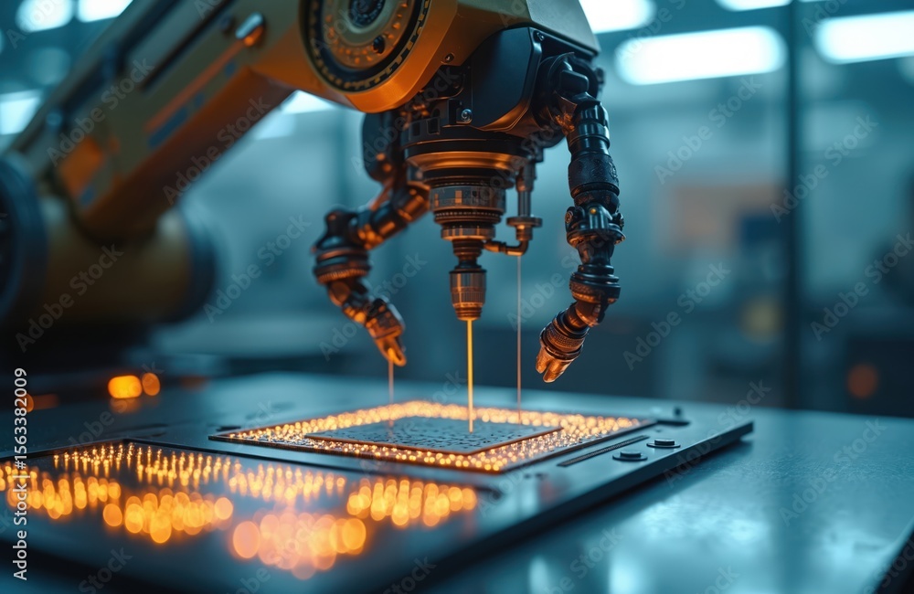 Aufkleber robotic arm precisely placing components semiconductor manufacturing. high-tech facility, advanced t