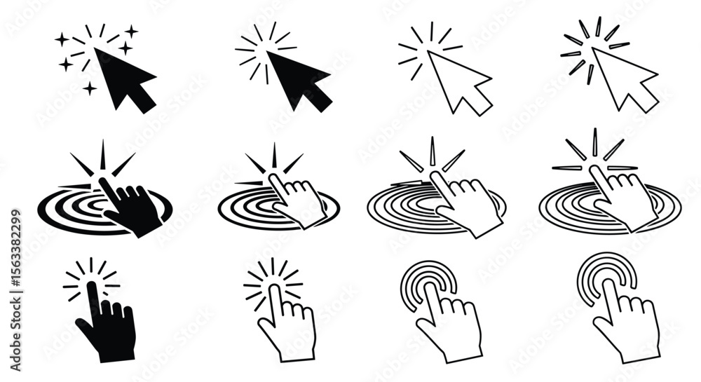 Fototapete Collection of diverse cursor icons representing various click actions and user interactions on digital interfaces illustrating web navigation and input methods