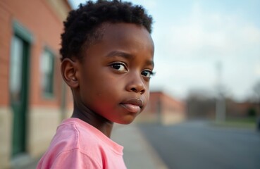 Portrait of young african american schoolboy outside building. Boy wears pink shirt. Focus on child face. Education concept, back to school, student. Diversity in elementary grades. Summer day. Happy