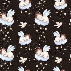 Watercolor christmas nativity scene seamless patterns. Magic Christianity story with newborn jesus, mary, angel and lamb. Holy jolly christmas card