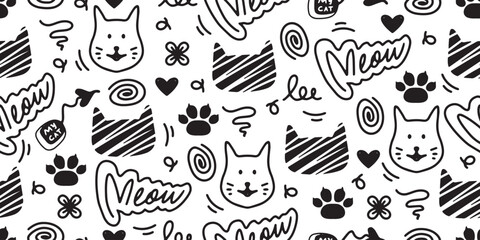 Seamless pattern with black cat cartoons and heart in doodle style on white background. vector illustration.