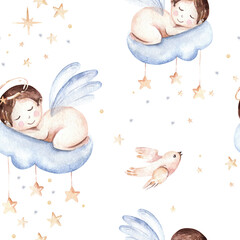 Watercolor christmas nativity scene seamless patterns. Magic Christianity story with newborn jesus, mary, angel and lamb. Holy jolly christmas card