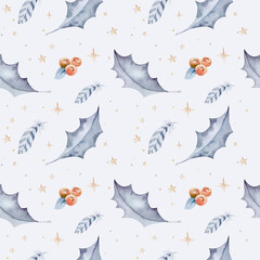 Christmas seamless pattern with red balls, fir branches and holly leaves. Watercolor illustration