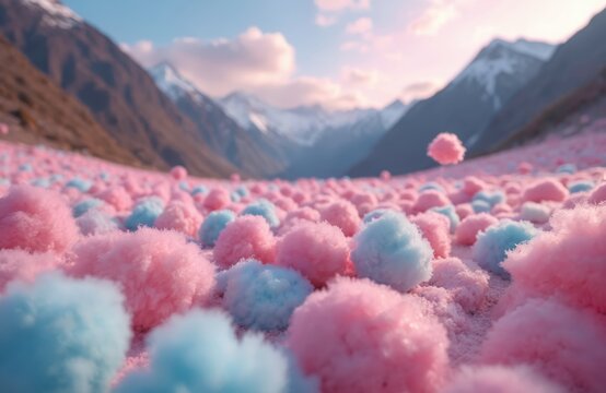 Fantasy landscape with cotton candy field. Pink, blue fluffy clouds create dreamy mood. Mountains on background. Perfect for fairytale, kids design, holiday projects, sweet food, carnival theme,