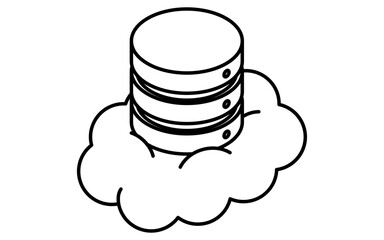 Cloud-based data server isometric line icon with stacked cylindrical database shape and cloud element, black and white