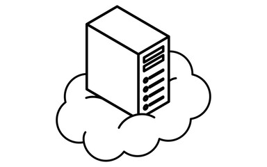 Cloud-based web server isometric line icon with front-facing rectangular server and cloud element, black and white