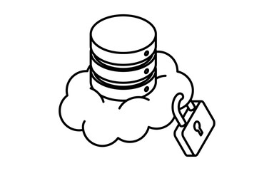 Secure cloud data server isometric line icon with database stack and security padlock symbol, black and white