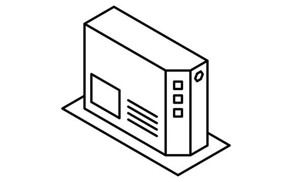 ONU optical network unit isometric line icon with fiber optic connection and indicator lights, black and white