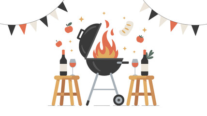 Festive BBQ Party Illustration: A vibrant illustration showcases a barbecue grill ablaze with flames, flanked by wine bottles, glasses, and festive banner.
