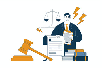 Legal Judgment: A stern yet composed illustration of a legal professional amidst symbols of the law - a gavel, scales of justice, and documents.