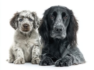 Blue Picardy Spaniel Puppy with Fluffy Blue-gray Coat Next to Adult Same Breed White Background Comparison