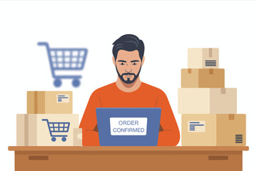 Online Order Processing: A man with a laptop confirms orders at a desk, with packages neatly stacked, illustrating seamless e-commerce processes.
