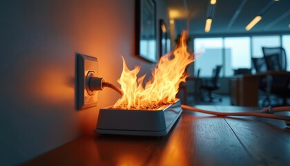 Damaged power strip ignites fire in modern office. Electrical malfunction causes fire hazard. Burning flames, dangerous situation, office interior background.