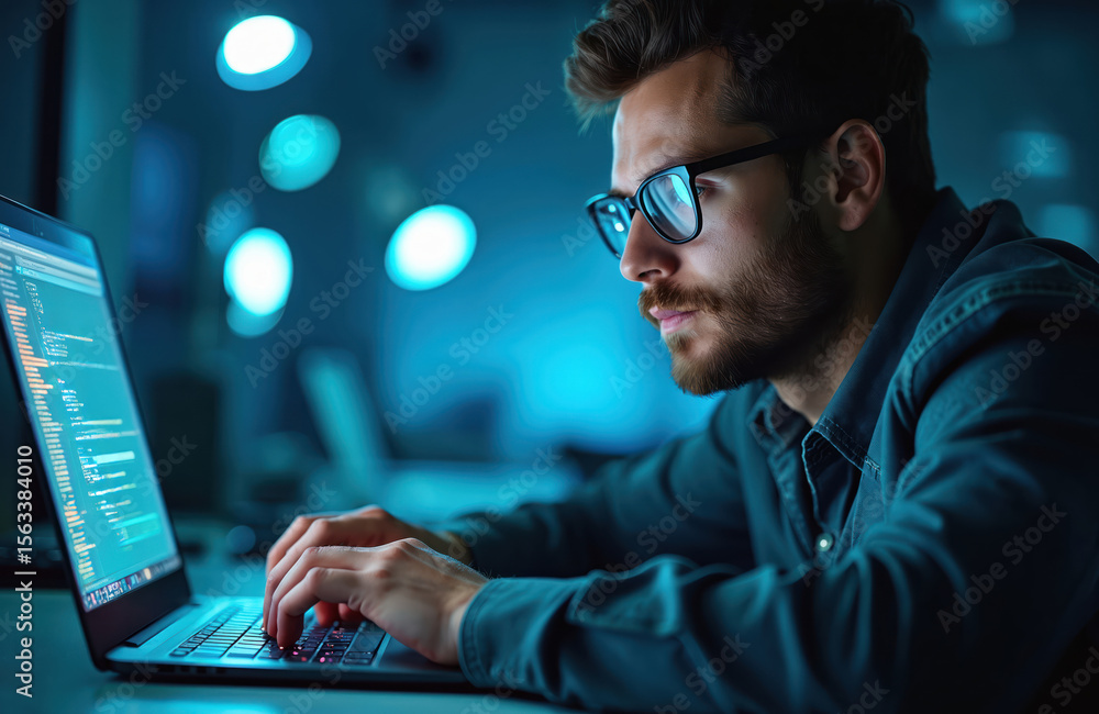 Poster Focused tech expert solves laptop issue in tech lab. Man in glasses working with laptop. Digital worker at workplace, focused pro, modern tech lab, computer expert.